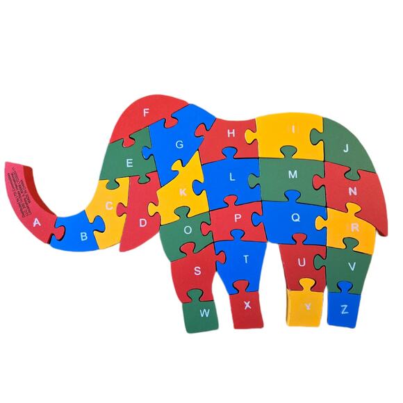 Reversible Chunky Wood Bright Primary Color Elephant 26 Piece ABC 123 Puzzle - Picture 1 of 14